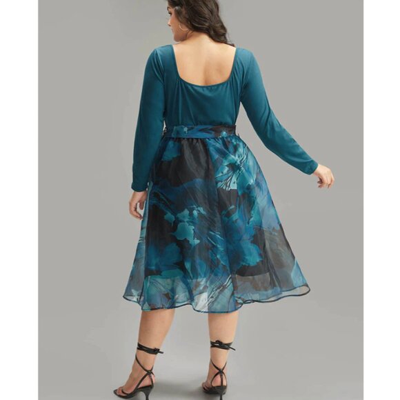 BloomChic Floral Square Neck Mesh Patchwork Belted Ruched Dress 22-24 NWT - Picture 2 of 3